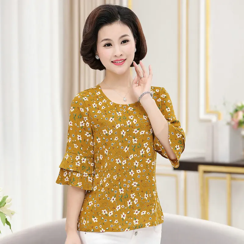 

Spring Summer Woman Chiffon Blouse Yellow Red Pink White Small Flower Crepe Tops Women Ruffle Layered Three Quarter Sleeve Tops