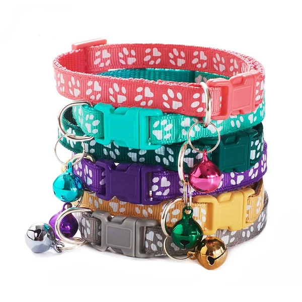 The New Pet Collar, Adjustable Colored Collar with Bell for Positioning and Cat Paw Dog Print Traction Accessories