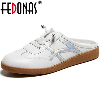 

FEDONAS Concise Popular Patchwork Women Mules Genuine Leather Platforms Flats Lace Up Office Lady Casual Shoes Woman Summer