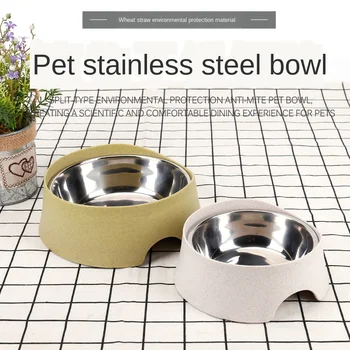 

Pet Tableware Split Wheat Straw Anti-overflow Stainless Steel Dog Bowl Multi-color Optional Dog Bowl Cat Bowl