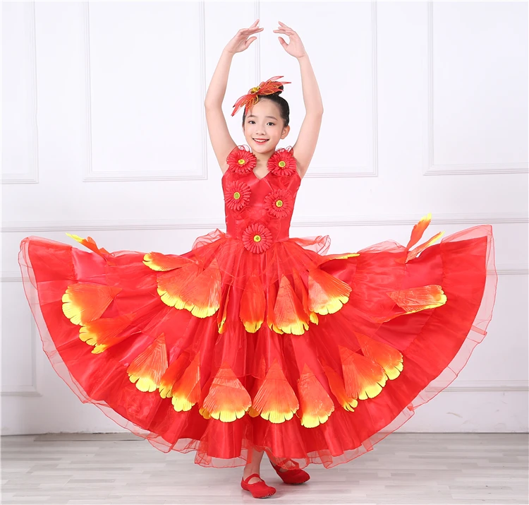 Испанский, юбки для девочек, рубаки с длинными фламенко платье для бальных танцев, юбка для детей; платья для танцев для детей Одежда 360/540/720 градусов DL5144