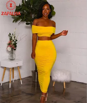 

Sexy Solid Color Patchwork Streetwear Set 2Piece Set Women Slash Neck Short Sleeve Crop Top+Elastic High Waist Pencil Long Skirt