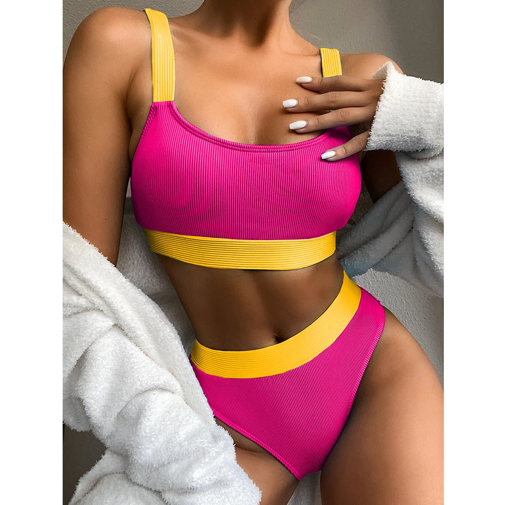 2021 New Sexy High Waist Bikini Swimsuit Women Swimwear Bandeau Push Up Bikini Set Buckle Bathing Suit Beach Wear Swimming Suit three piece bikini