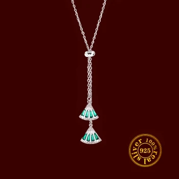 

925 sterling silver high-grade light luxury emerald fan-shaped small fan necklace female temperament retro short sweater chain