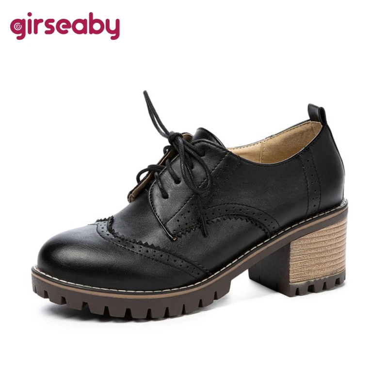 

Girseaby 2021 Retro Ladies Oxfords Pumps Polka Dot Lace Up Vintnge Round Toe 5CM Chunky Heel Shoes US11 12 Black Brown A4392