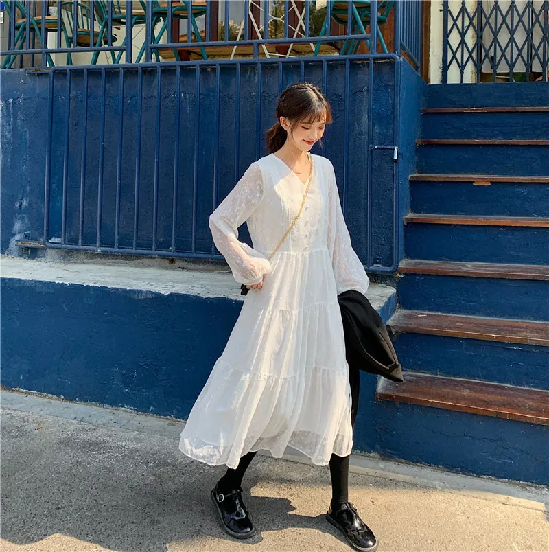 

Korean Elegant White Dress Women Sexy V-Neck Party Dresses 2020 Spring Long Sleeve Chiffon Dress Vestidos Robe Femme