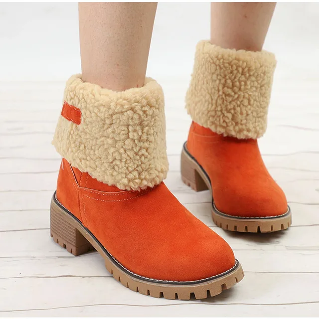 Женские ботильоны; теплые зимние ботинки на меху; женская обувь на высоком массивном каблуке; модная удобная обувь без застежки с плюшевой подкладкой размера плюс - Цвет: Orange