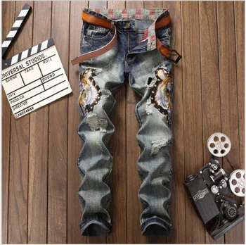 

European American Style 2018 Fashion popular mens jeans pants Embroidered cobra Pattern Blue Straight Slim Men's trousers jeans