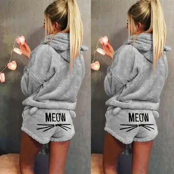 

Winter Flannel Pajamas Set Bear Hooded Women Pajamas + Shorts Warm Coral Fleece Sleepwear Sets