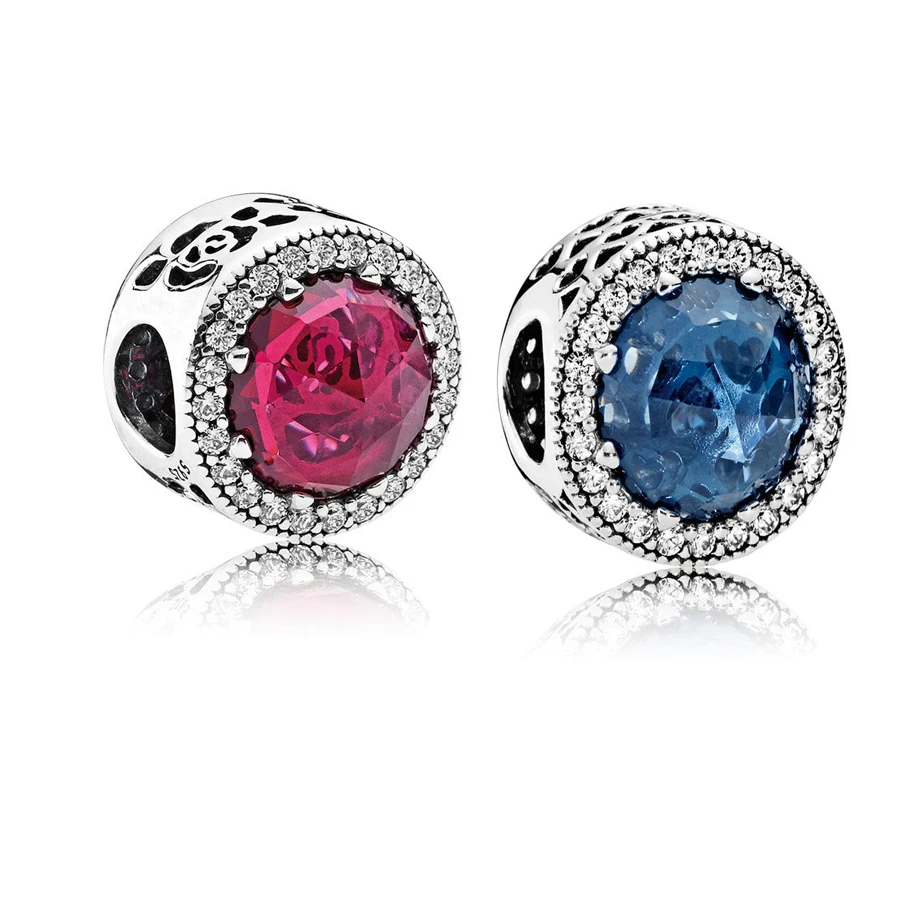 925 пробы Серебряный Красный Белль сияющая Роза Шарм Fit pandora браслет синий Сияющие Шарм в виде сердец бисера DIY ювелирные изделия
