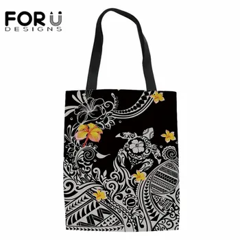 

FORUDESIGN Hawaii Polynesia Flower Turtle Pattern Linen Shoulder Bags Shopping Bags Outdoor Canvas Women Tote Pouch Grocery Bags