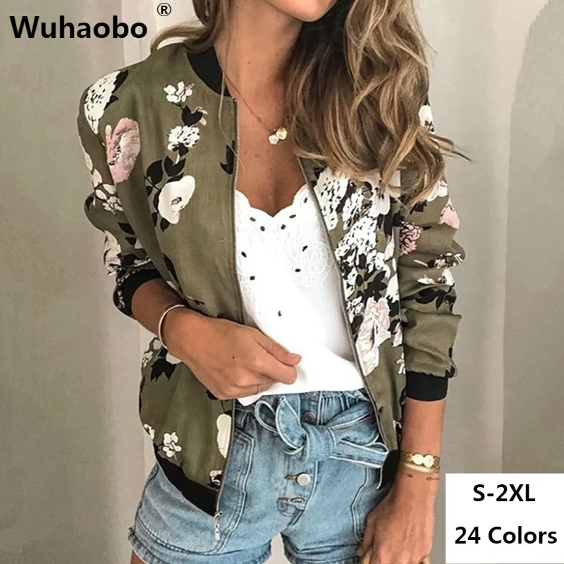 discount  Wuhaobo Fashion Retro Floral Print Women Coat Casual Zipper Up Bomber Jacket Ladies Casual Autumn O