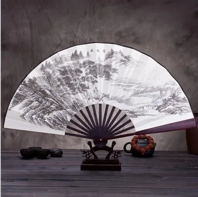 13" Big Bamboo Folding Fan Men Silk Hand Fans for Wedding Decoration Chinese Fan Painting Crafts Gift