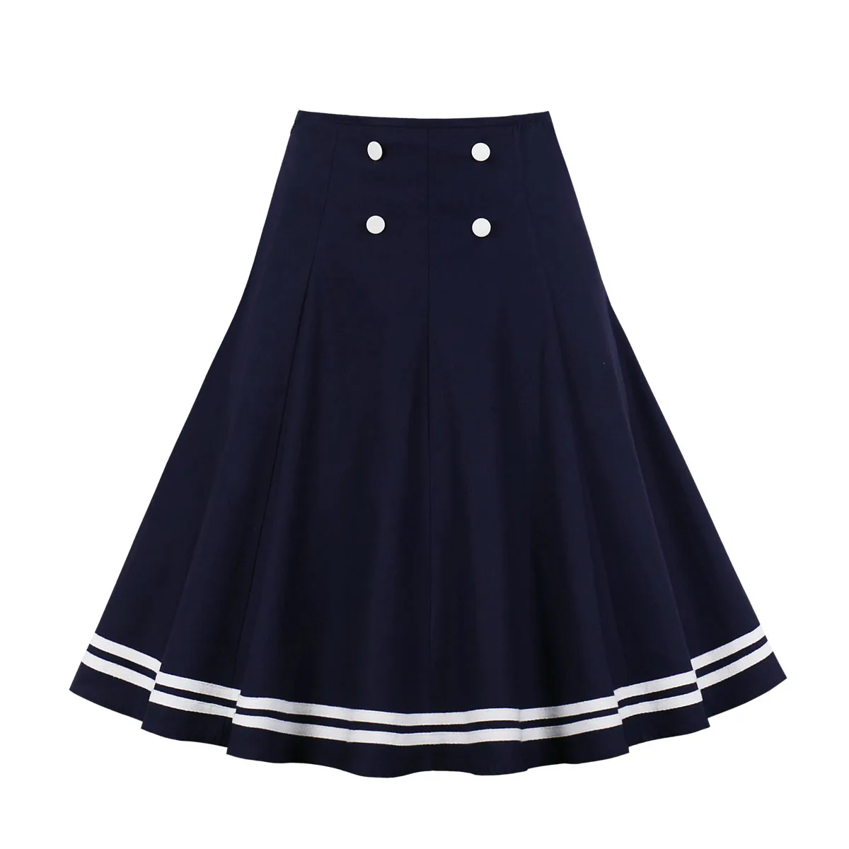

Women's Button Pin Up Sailor Stripe Knee long Cotton Flare Skater Skirt