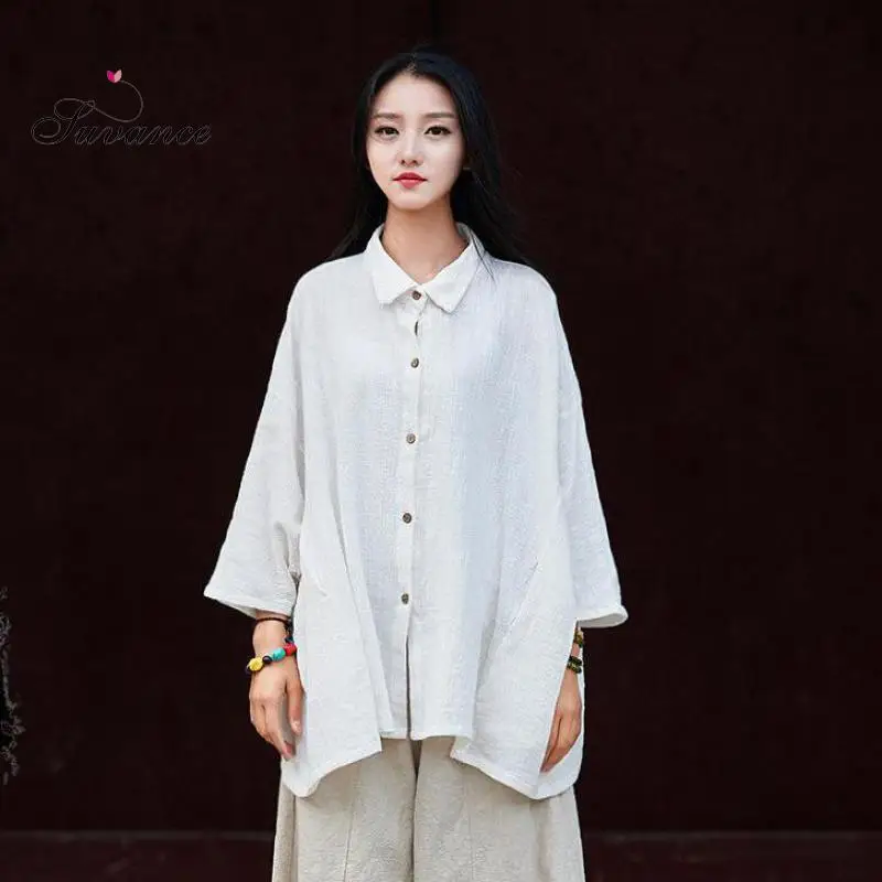 

Suvance Spring Summer Autumn Vintage Solid Color Turn-down Collar Blouse Loose Batwing Sleeve Women Shirts