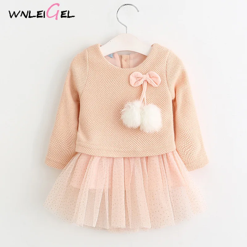 WLG/зимнее вязаное платье с длинными рукавами для маленьких девочек милое Однотонное Платье До Колена для маленьких девочек детское Сетчатое платье для девочек