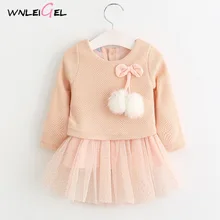 WLG/зимнее вязаное платье с длинными рукавами для маленьких девочек милое Однотонное Платье До Колена для маленьких девочек детское Сетчатое платье для девочек