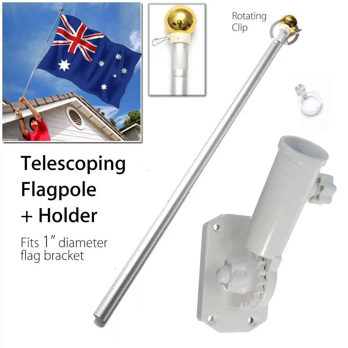 Extendable Aluminum Flags Pole Portable Adjustable Rotating Clip and