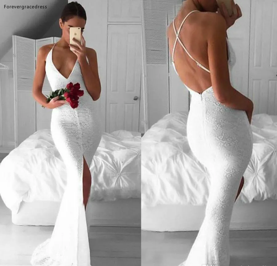 

2019 Mermaid Wedding Dress Front Split V Neck Criss Cross Backless Pageant Formal Holiday Wear Prom Party Gown Plus Size