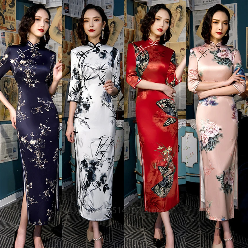 

2020 Chinese Traditional Cheongsam Women Split Qipao Dress Long Robes Satin Female Party Elegant Ladies Vintage Bodycon Clothing