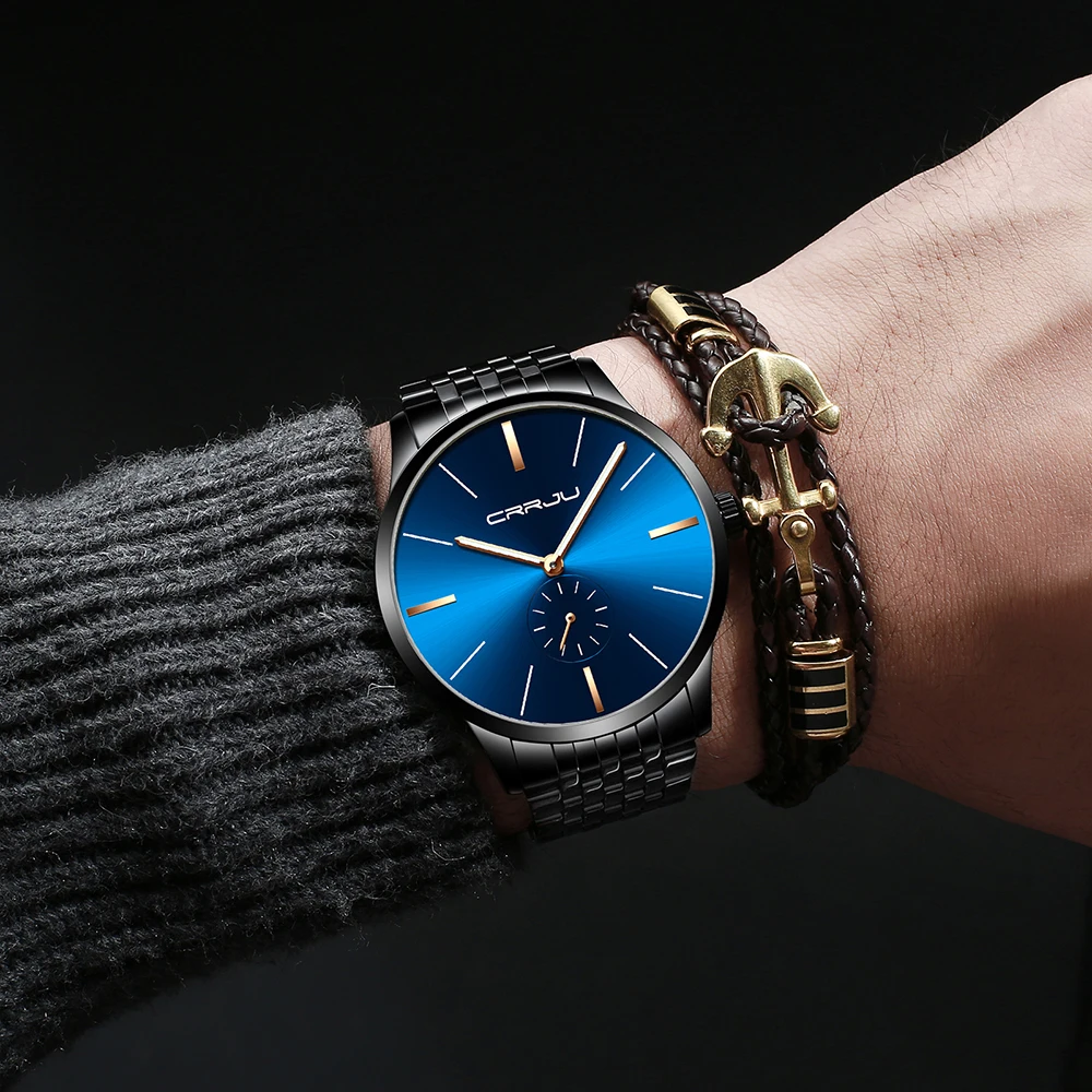 CRRJU модные мужские часы Роскошные Синие черные кварцевые наручные часы из нержавеющей стали повседневные спортивные водонепроницаемые часы Relogio Masculino