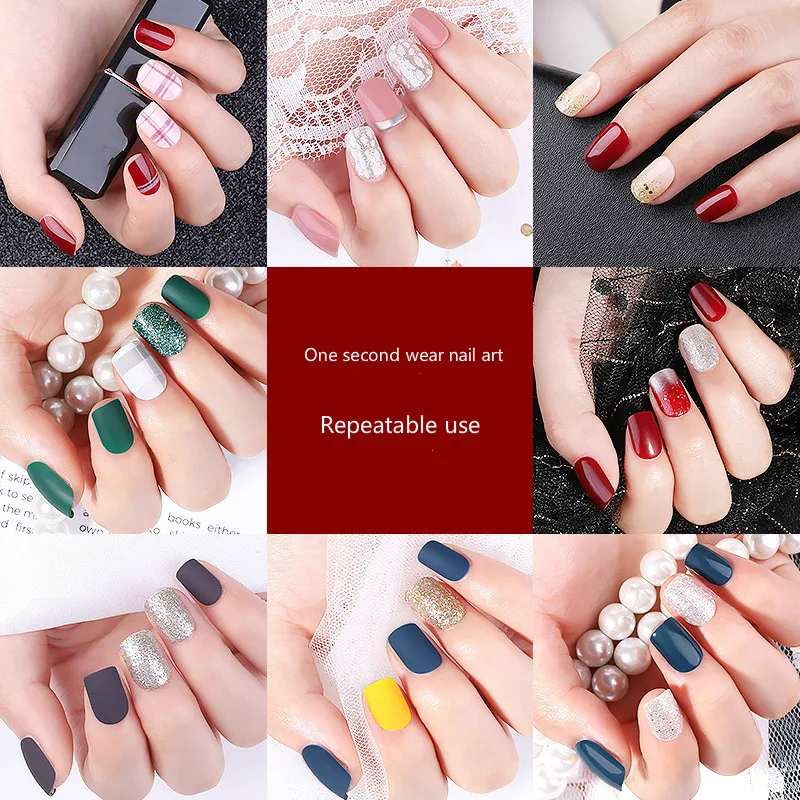 

24 piece boxed solid color detachable reusable fake nail wear patch new matte design glue patch solid color