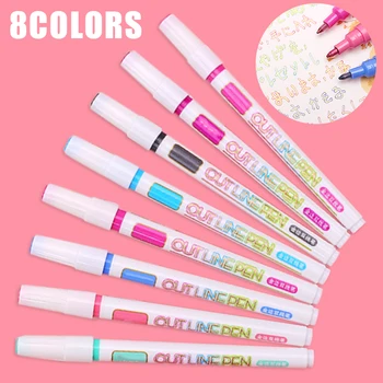 

8pcs Markers Gift Card Writing Drawing Pens Double Line Outline Pen Stationery Calligraphy Lettering Pen for DIY Cards Photo