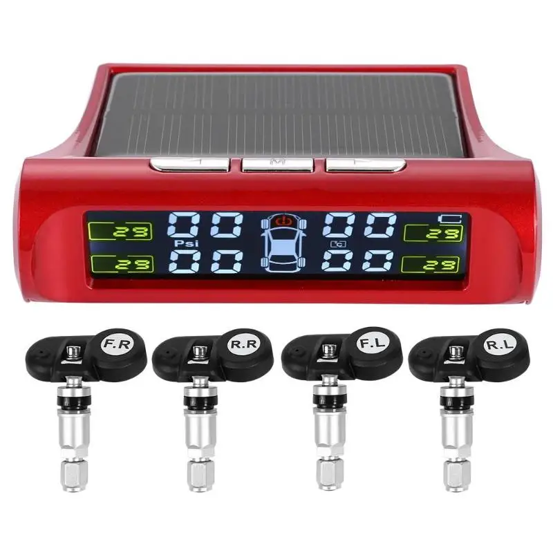 Беспроводной ЖК-дисплей автомобиля TPMS солнечной энергии авто шин давление мониторинга TPMS сигнализация с 4 внутренними/внешними датчиками красный - Тип: Built-in