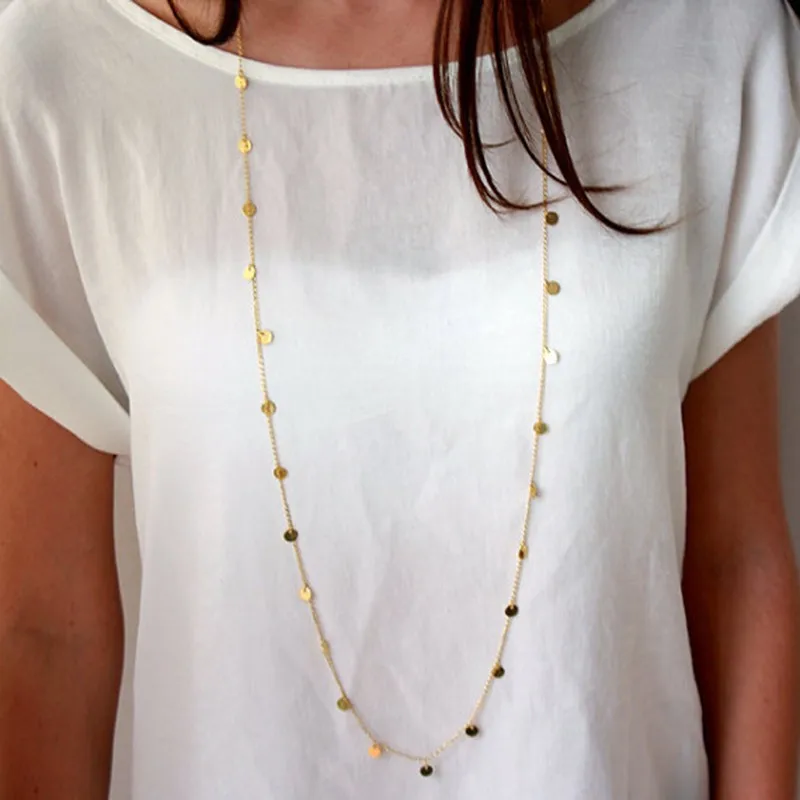 

Trendy New Fashion Gold Sliver Long Sequin Chians Necklace Woman Collar Layered Pendants Necklaces for Summer Beach New Gift