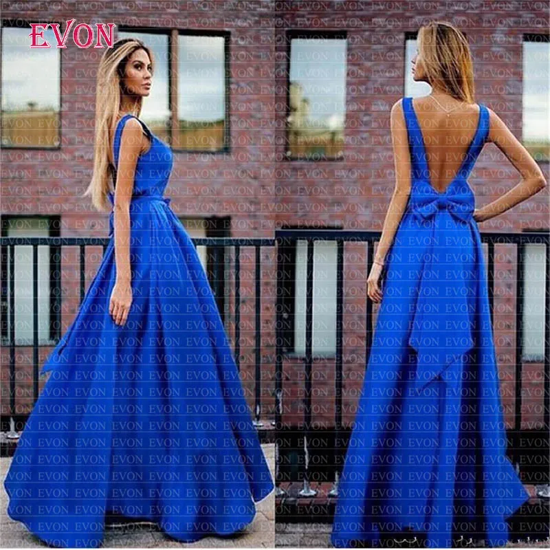 Элегантные Синие Вечерние платья а-силуэта Vestidos De Fiesta De Noche сексуальное с v-образным вырезом и открытой спиной с бантом сатиновое бальное платье Robe De Mariee
