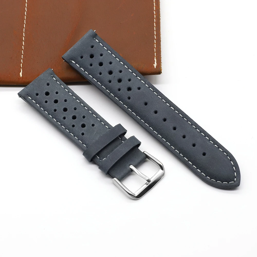 Vintage Handmade Racing Leather Watch Strap - Breathable Porous Design in Gray, Black, Brown, and Blue