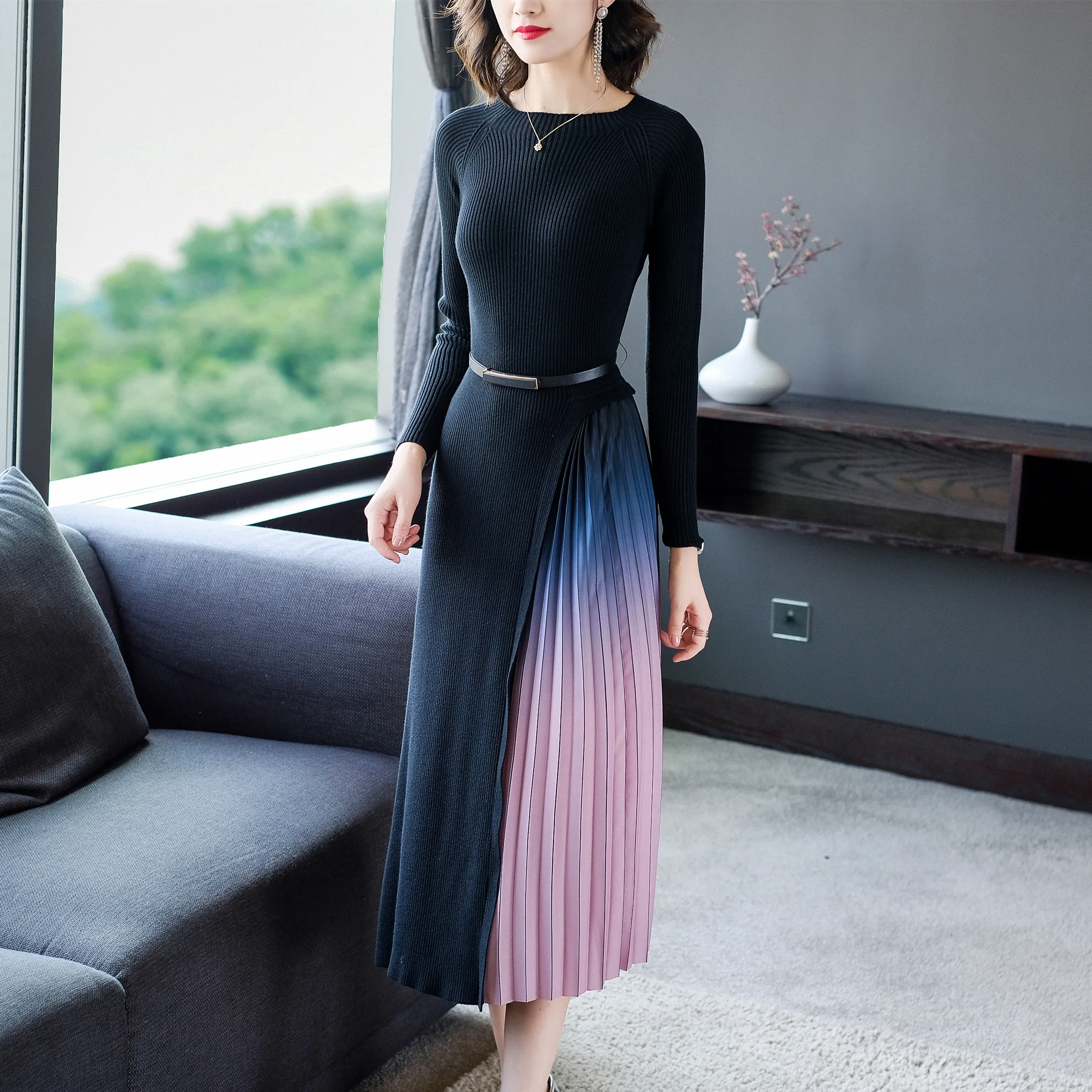 Lady Slim Knitted Patchwork Pleated 