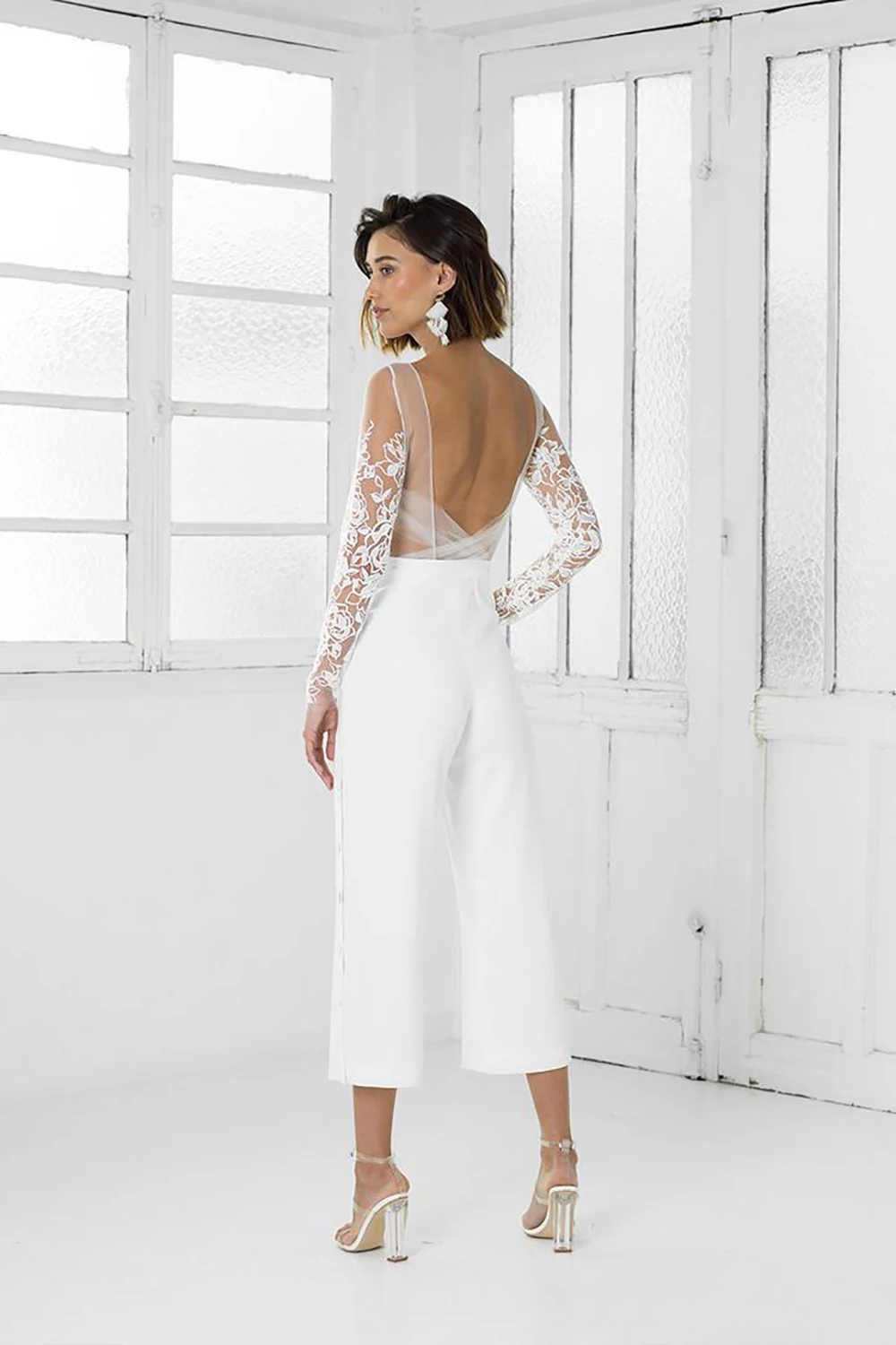 White Chiffon Long Sleeve Wedding Party Events Mother Of The Bride Suits Mother Of the Bride Dress Trousers Formal Pant Suits