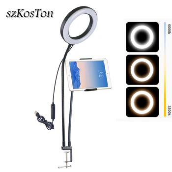 

Dimmable 16cm Ring Light Warm Cold Lamp With Long Arm Desktop Tablet Phone Holder Video Photography Fill Light For Live Stream