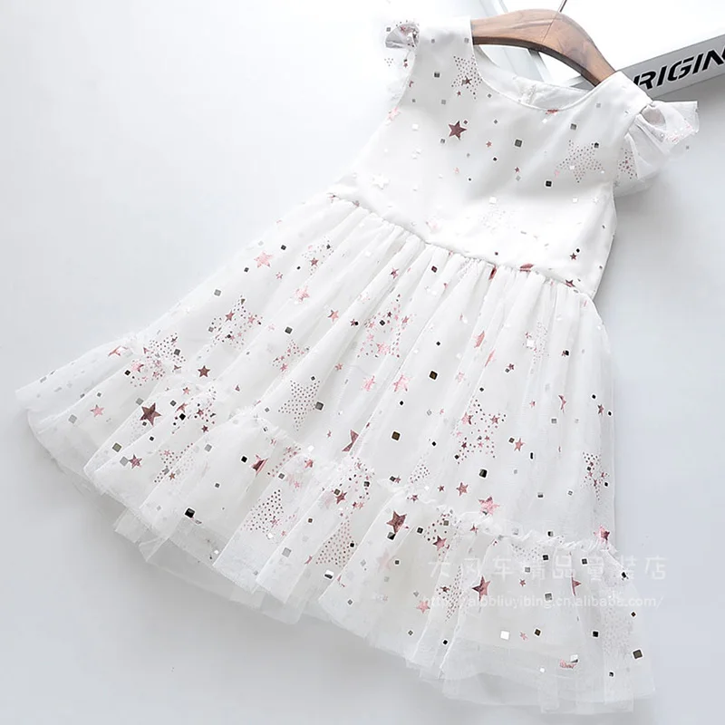 AX1360-White Меларио/милые платья для девочек; Сетчатое платье принцессы без рукавов с блестками и звездами для девочек; летняя детская одежда; Детский костюм принцессы - Цвет: AX1360-White
