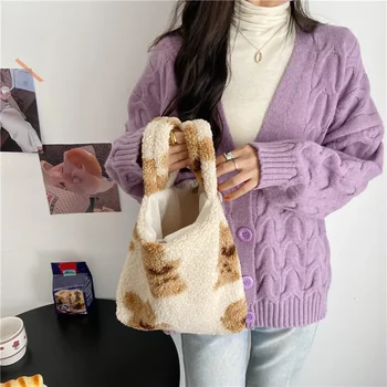 

Cute Cartoon Bear Print Handbags Women Plush Shoulder Underarm Bag Wristlet Fashion Ladies Bags
