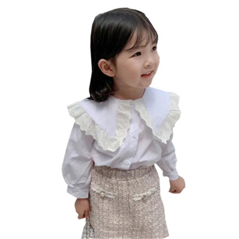 Autumn New Arrival Girls Lace Collar Blouse Kids White Long Sleeve Blouses Baby Girl Blouse White Shirt AA4066
