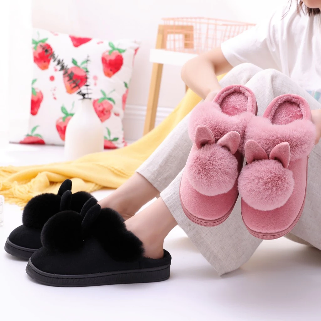 SAGACE Women House Slippers Plush Winter Warm Shoes Home Furry Rabbit Ears Indoor Slippers Soft Comfort Footwear Shoe 1128