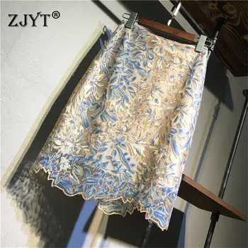 

Top Fashion Runway Designers Womens Skirt Summer 2020 New Elegant High Waist Sequined Embroidered Mesh Irregular Office Skirt