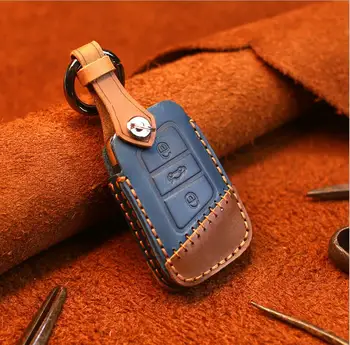 

High Quality Car Genuine Leather Key Case Cover Chain For VW Passat B8 CC Magotan For Skoda A7 Superb Smart Remote Keyless