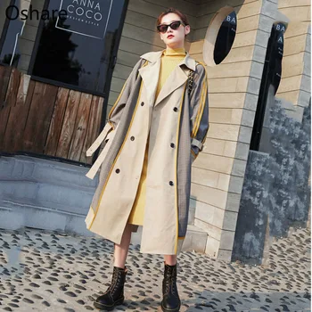 

New Arrival 2020 Original Retro Hit Color Plaid Windbreaker Women's Collar Striped Long Coat Loose autumn Winter Clothes