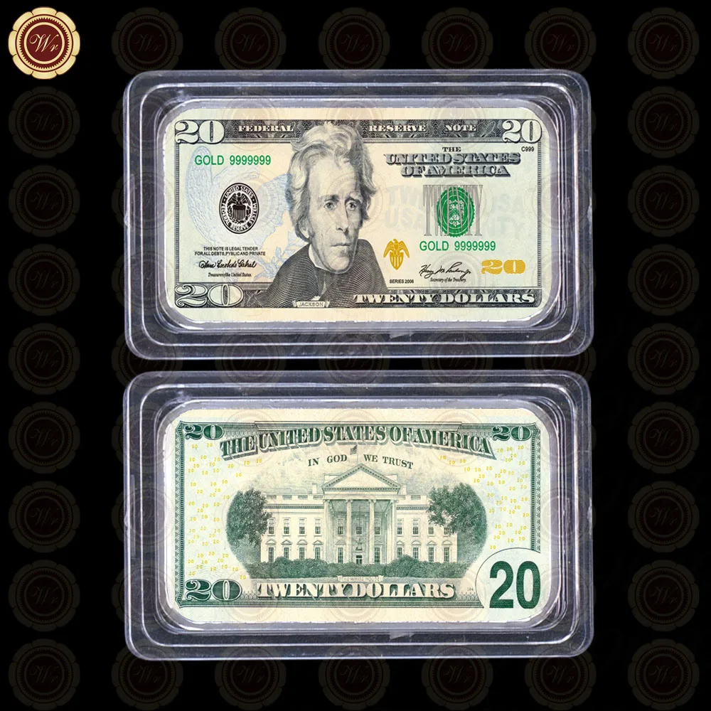 USD 20 WR качество 999. 24k посеребренный бар 10 долларов США цветной вызов слиток монета с чехол для коллекции - Цвет: USD 20