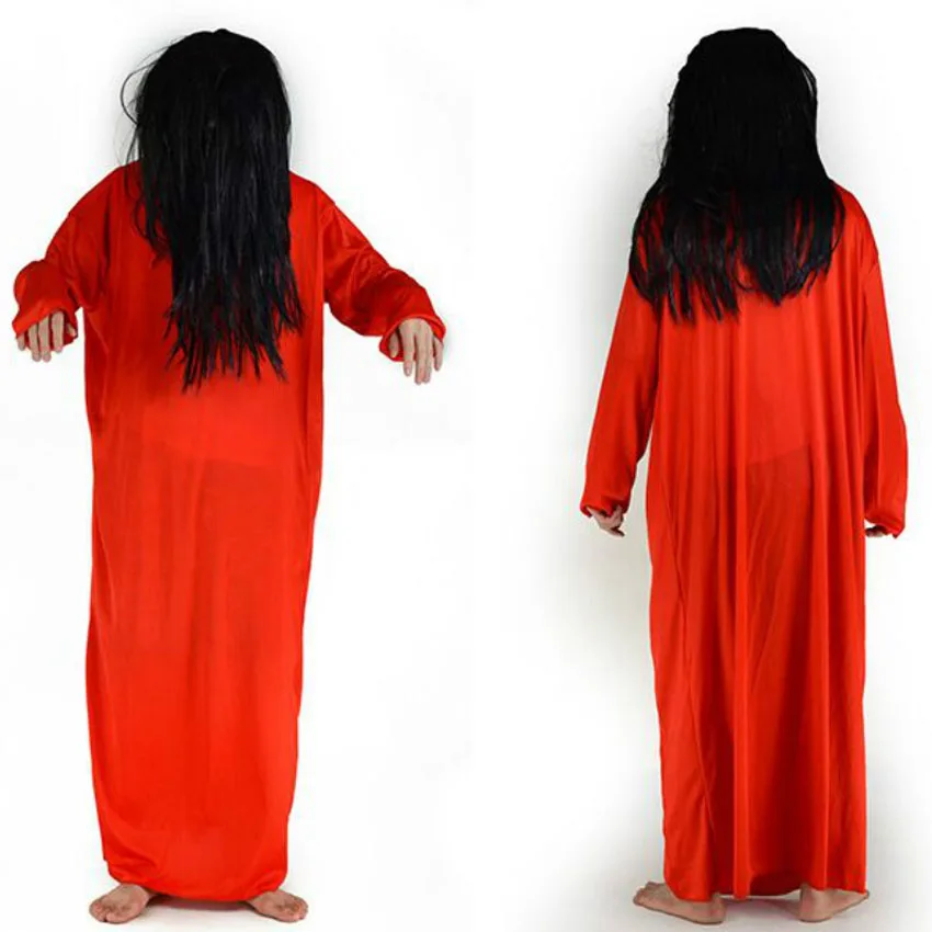 White Red Solid Plus Size Woman Gown Sadako Halloween Masquerade Scary Costumes with Wig Bride Terror Robe Dress for Female