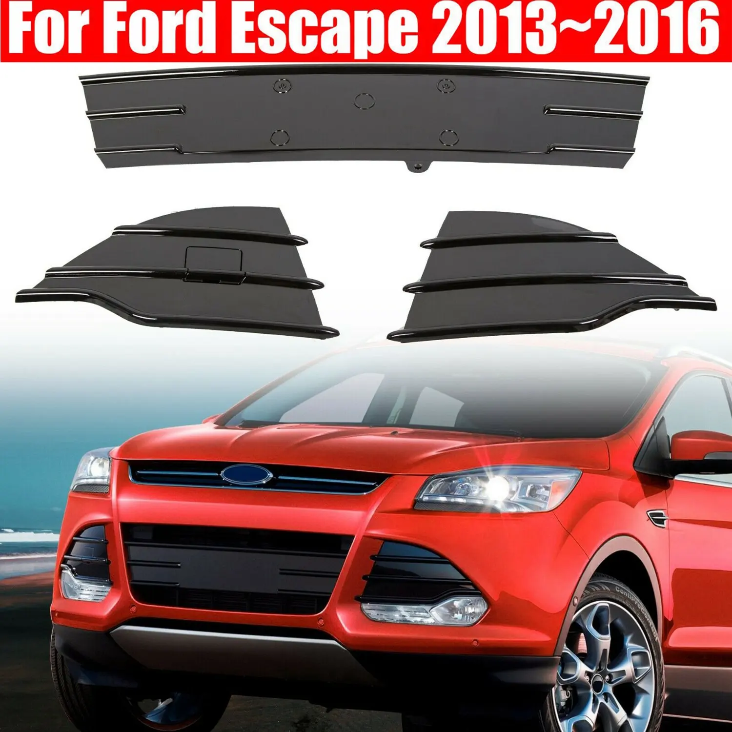 3Pcs Car Trim Front Bumper Lower Grille Fog Protector Cover for Ford Escape Kuga 2013-2016(Gloss Black) | Автомобили и мотоциклы
