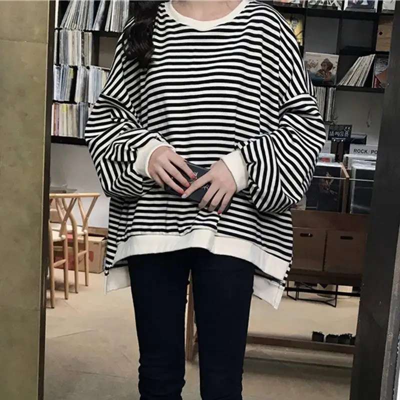 Fashion Sweatshirt Women Autumn Loose Oversized Striped Long Sleeve Hoodies Casual Women Top Brief Pullovers Female Sweatshirts