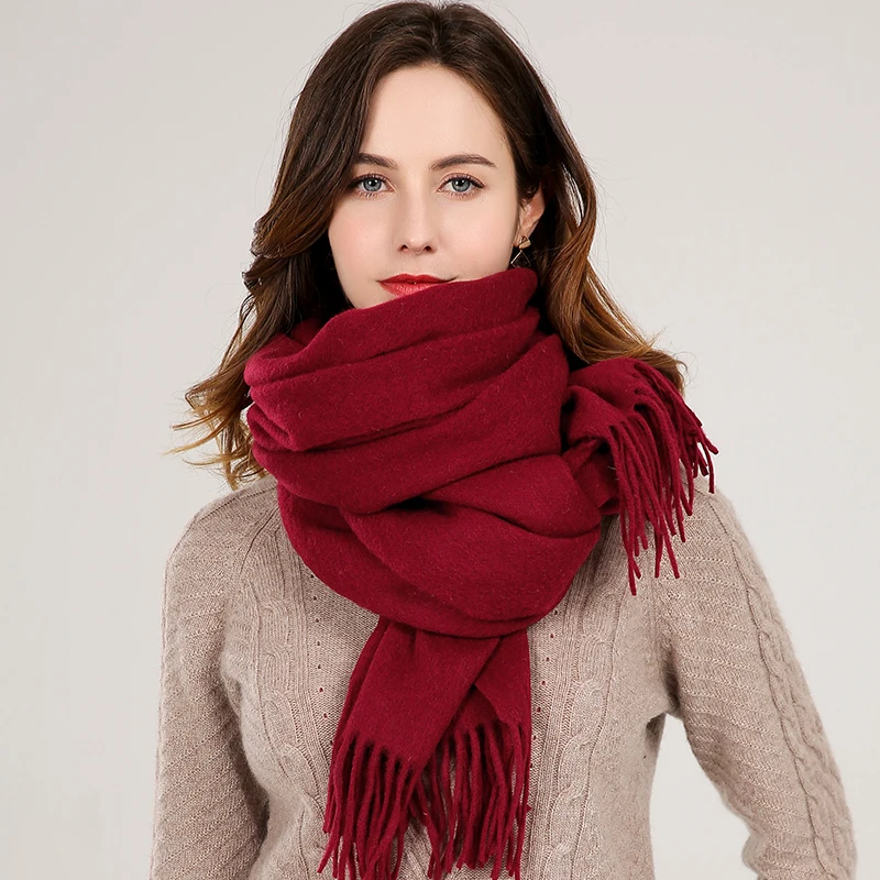 Winter Real Wool Scarf Women Echarpe Brand Tassel Shawl and Wraps Warm Foulard Pashmina Solid Beige Pure Wool Scarves