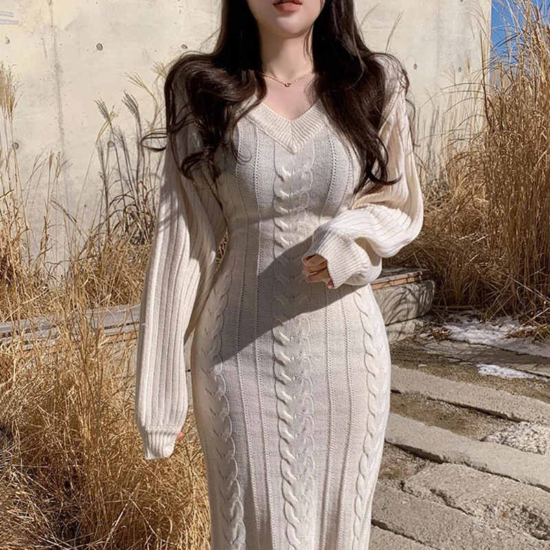 V Neck Casual Warm Knitted Jumper Dresses Solid Thick 2021 Sweater Dress Women New Winter Korean Pollover Woman Knitwear Robe | Женская