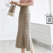 Офисная Женская юбка с высокой талией размера плюс, клетчатая юбка рыбий хвост для женщин, Осень-зима, винтажная облегающая клетчатая юбка русалки