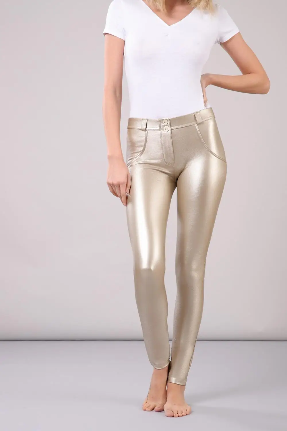 Melody Four Ways Stretchable Silver Faux Leather Pants Women Mid Rise Button Fly Push Up PU Leather Trousers Plus Size Pants