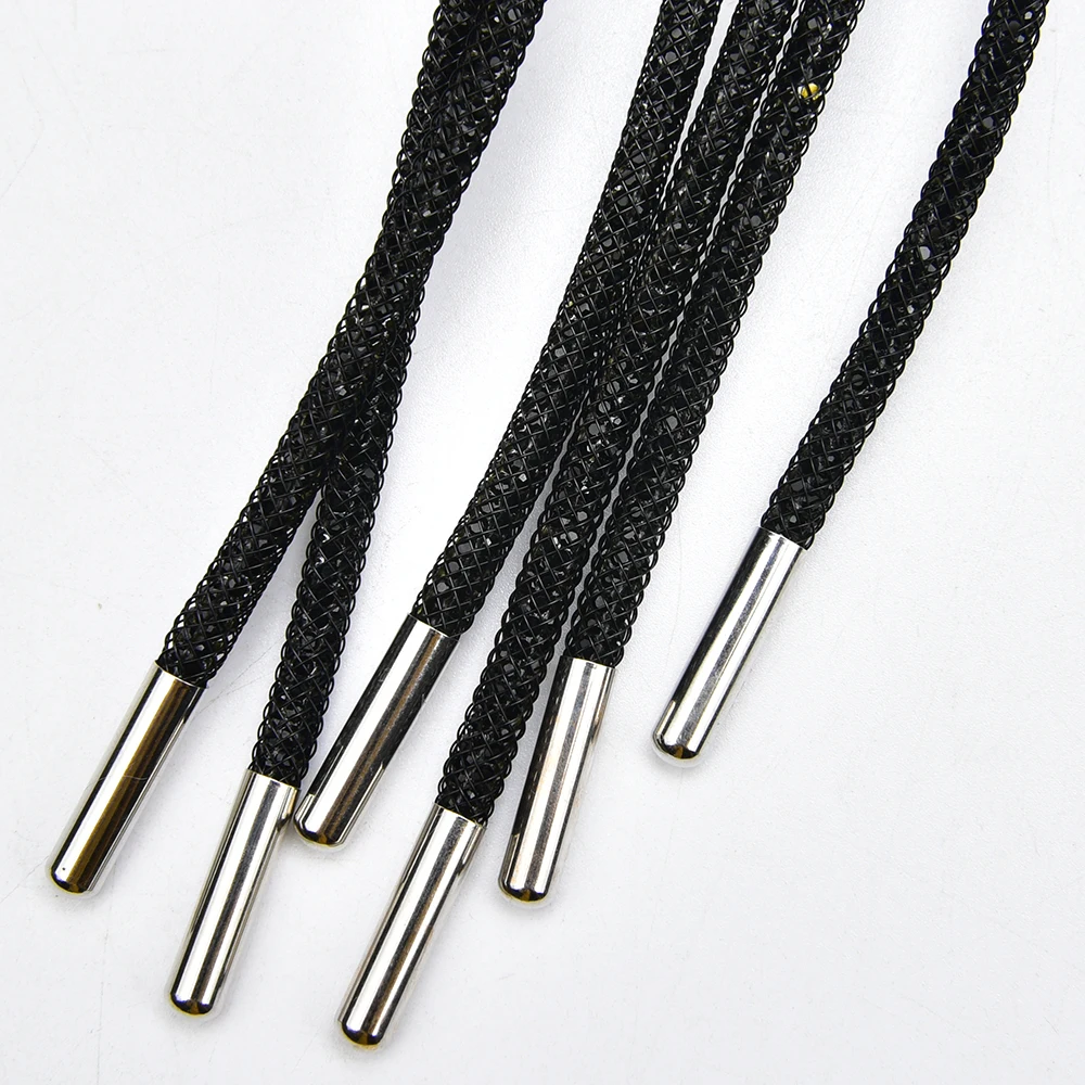 Wholesale Black Flat Cotton Drawstring Cord Silver Round Metal Tip